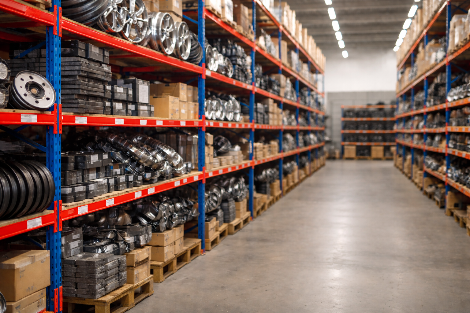 Warehouse interior with shelves stocked with automotive parts.